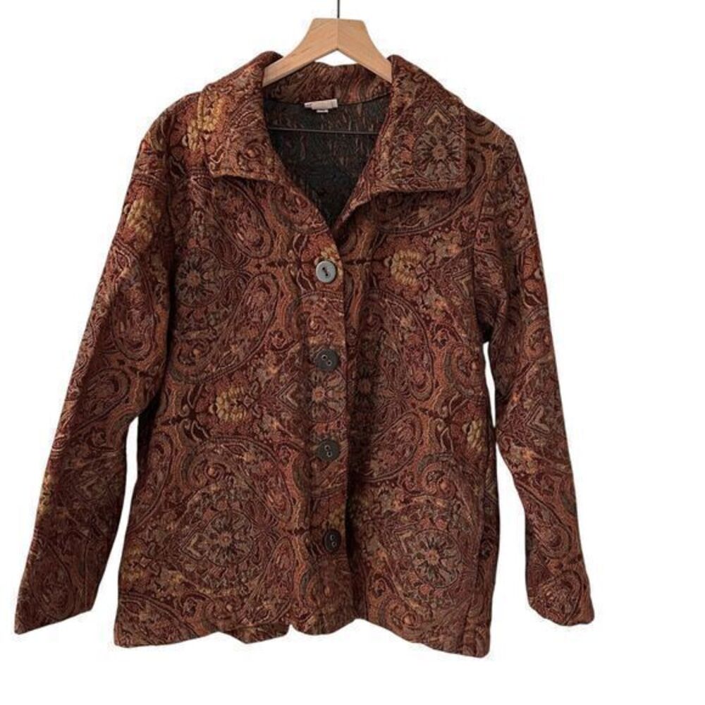 Habitat Burgundy Paisley Upholstery Artsy Boho Button Up Blazer‎ Pockets Size XL